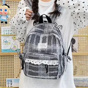 Koreaanse stijl ruitjes rugzak met schattige kantafwerking, casual vintage schooltas.
