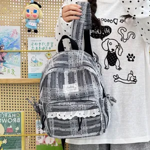 Koreaanse stijl ruitje rugzak met kant, casual schooltas met schattige volants erom.