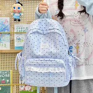 Leuke Koreaanse stijl gestipte rugzak met kant, casual schooltas voor jonge meiden