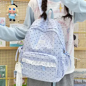 Koreaanse stijl polkadot rugzak met kanten afwerking, casual schooltas voor meisjes.