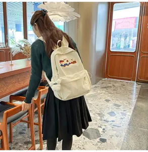 Detailed shot of casual canvas backpack worn by model, minimalist style, beige color.