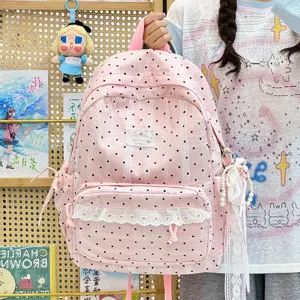 Schattige roze stippen rugzak met lieve kanten afwerking in Koreaanse stijl voor meisjes.