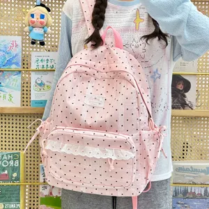 Roze stippen rugzak met kanten afwerking, schattige casual tas voor meisjes en dames