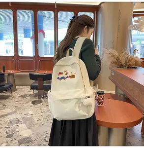 Simple canvas school backpack for women, large capacity lightweight daily casual bag.