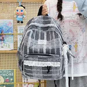 Koreaanse stijl ruitjes rugzak met kanten details, leuke casual schooltas voor meisjes.