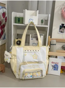 Leuke canvas shopper tas met kattenoren, sterren borduurwerk en grote studententas voor school.