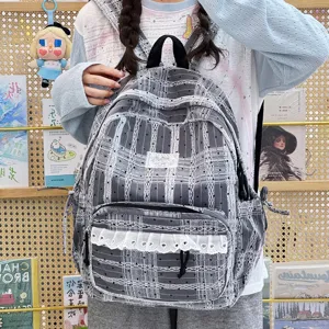 Koreaanse stijl college ruitjes rugzak met schattige kantafwerking casual schooltas