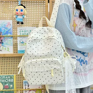 Koreaanse stijl stippen canvas rugzak met schattige kanten rand en perle strik hanger.