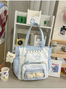 Leuke canvas tote bag met doorzichtig venster, kattenoren zak en schattige pluche berenhanger.