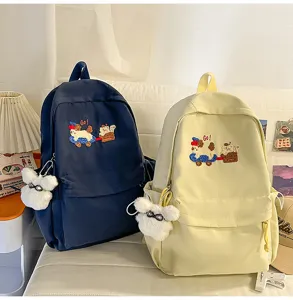 Casual canvas school backpack for students with cute puppy embroidery and fluffy pendant 1pc