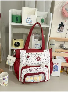 Schattige rood witte canvas ita tas met doorzichtig venster borduurwerk sterren en pluche