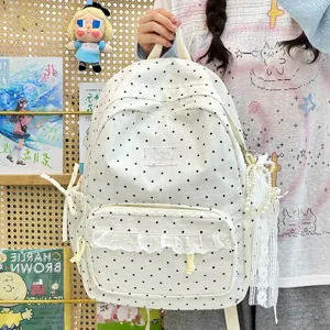 Koreaanse stijl campus polka dot rugzak met kanten afwerking en schattige parelhangers