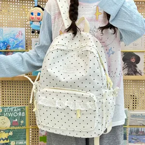 Koreaanse stijl polkadot rugzak met schattige kantafwerking, casual schooltas voor dagelijks gebruik.