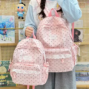 Schattige Koreaanse polkadot schoolrugzak met kanten afwerking, leuke casual tas voor meisjes.