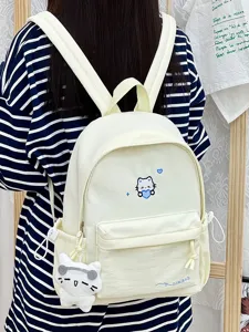 Beige canvas rugzak voor studenten en reizen, schattige casual dagrugzak met leuke hanger.