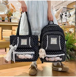 Leuke zwarte sterren schoolrugzak en tas set met schattige kanten afwerking en doorzichtige zak.