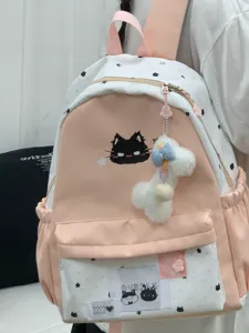 Schattige roze en witte kattenprint rugzak met pluche bot-bedel voor studenten.