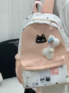 Leuke roze witte studenten rugzak grote capaciteit casual esthetische schooltas met kat
