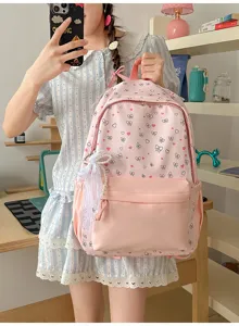 Roze schattige schoolrugzak voor tiener meisjes, grote casual boekentas met strik.