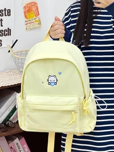Gele canvas schoolrugzak voor studenten, leuke kattenborduurwerk, casual reistas.