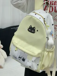 Leuke geel-witte rugzak met zwarte kat en pluche hanger voor studenten en tieners.