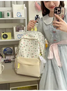 Schattige Koreaanse stijl meisjes rugzak met hart en strik print, grote schooltas.