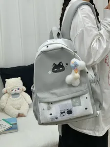 Schattige grijs-witte canvas rugzak met kattenmotief en pluche hanger voor dagelijks gebruik