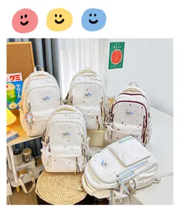 Gedetailleerd overzicht van de schattige Japanse stijl ruitjes schoolrugzak.