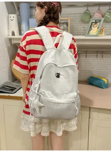Grijze canvas rugzak voor dames, schattig kattenborduurwerk, stijlvolle dagelijkse schooltas.