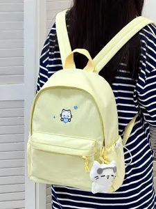Lichtgele canvas rugzak casual schooltas met schattig kattenborduurwerk en hanger