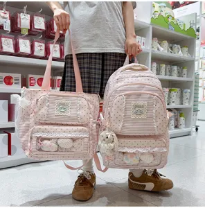 Roze sterren gestreepte schoolrugzak en totebag set met schattige kant voor studenten.