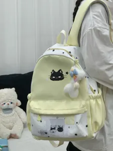 Leuke canvas rugzak met sterren en kattenborduurwerk, grote capaciteit voor studenten.