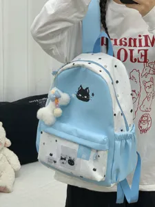 Leuke lichtblauwe ster kat print rugzak grote capaciteit student schooltas detail