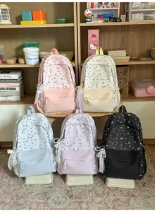 Leuke Koreaanse studentenrugzak met strik, grote capaciteit schooltas detailweergave.