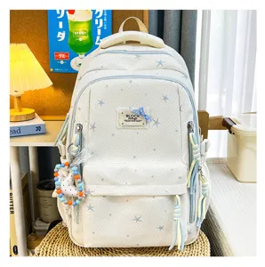 Leuke Japanse ins-stijl canvas schoolrugzak met sterrenpatroon en schattig strikdetail.