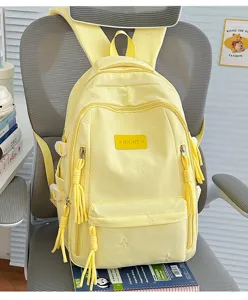 Leuke grote schoolrugzak voor meisjes, stijlvolle gele boekentas met fijn strikborduurwerk en vakken.