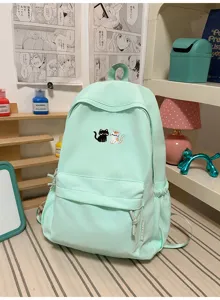 Mintgroene casual minimalistische rugzak met schattige kattenborduurwerk schooltas