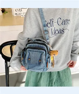 Stylish denim crossbody bag for women casual multi-pocket shoulder handbag with cute bear.