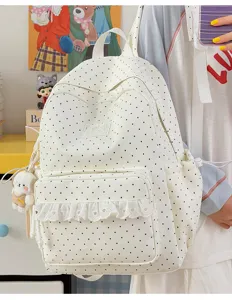 Koreaanse stijl polkadot rugzak met kanten zak schattige casual canvas schooltas voor dagelijks