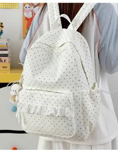 Schattige polkadot rugzak met mooie kanten afwerking, casual schooltas voor dagelijks gebruik.