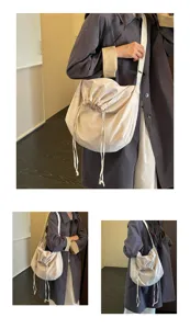 Sac bandoulière cordon en toile détail, grand sac hobo porté épaule, couleur unie.