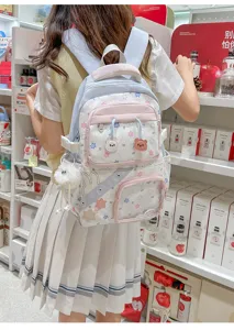 Leuke esthetische canvas rugzak voor tienermeisjes, grote schooltas met schattige beren.