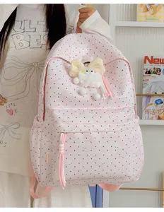 Roze canvas stippen rugzak voor vrouwen en student grote capaciteit schooltas