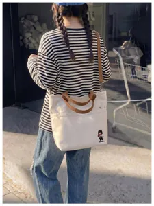 Sac cabas en toile épaisse style coréen, sac bandoulière décontracté avec poignées marron.