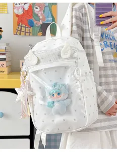 Leuke witte sterrenrugzak met engelenvleugels, transparant voorvak en pluche pop hanger.