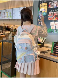 Leuke pastel schoolrugzak voor meisjes, grote schattige sterren rugzak met doorzichtige zak.