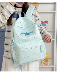 Lichtblauwe stippen rugzak met sterrenborduurwerk, schattige casual schooltas voor meisjes.