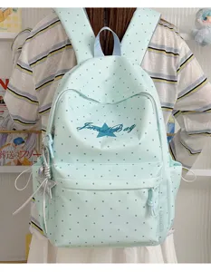 Lichtblauwe polkadot rugzak met sterrenborduurwerk, schattige Japanse schooltas voor studenten.