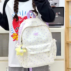 Japanse schattige witte rugzak met paarse sterren, grote capaciteit studenten schooltas.