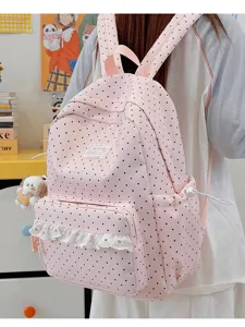 Leuke roze stippen rugzak met schattig kant zakje voor meisjes school dagelijks gebruik